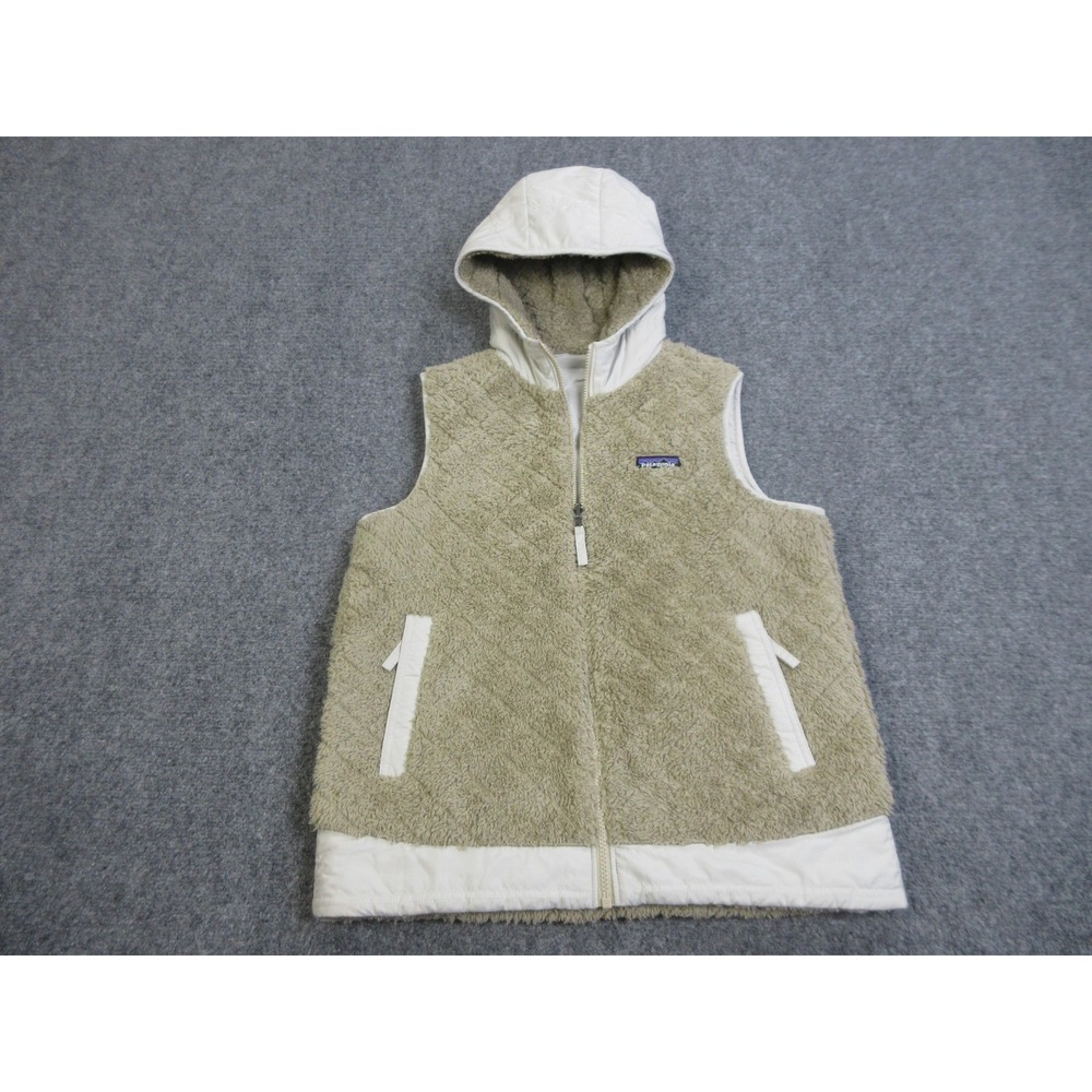 Patagonia Los Gatos Vest Womens M Beige Sherpa Fleece Reversible Hooded Zip